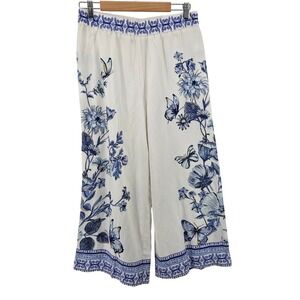 Chicos Wide Leg Pull On Cropped Pants Linen Floral Butterfly Beach Size 1 8/10